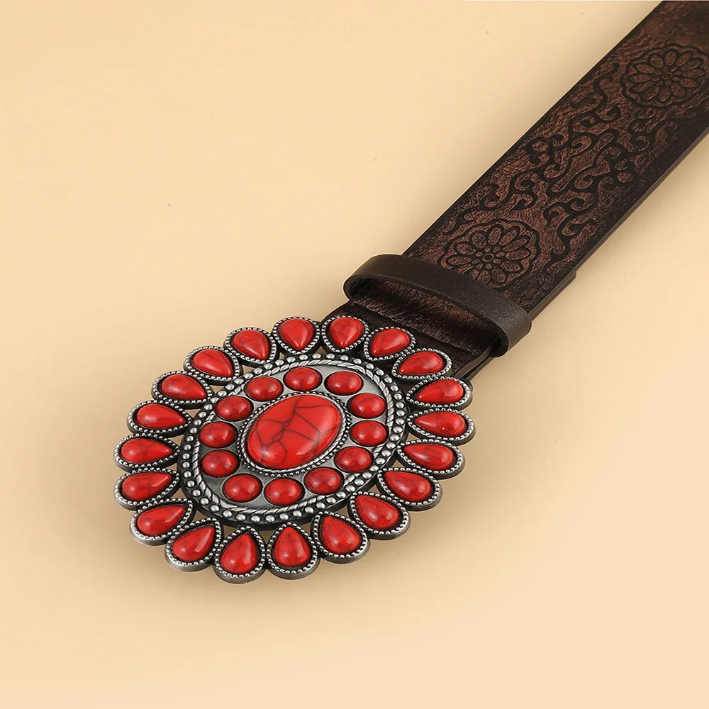 European American Retro Belt Y2k Ethnic Style Pu Belt Simple Design With Sapphire Inlaid Popular Buckle Made From Alloy Material
