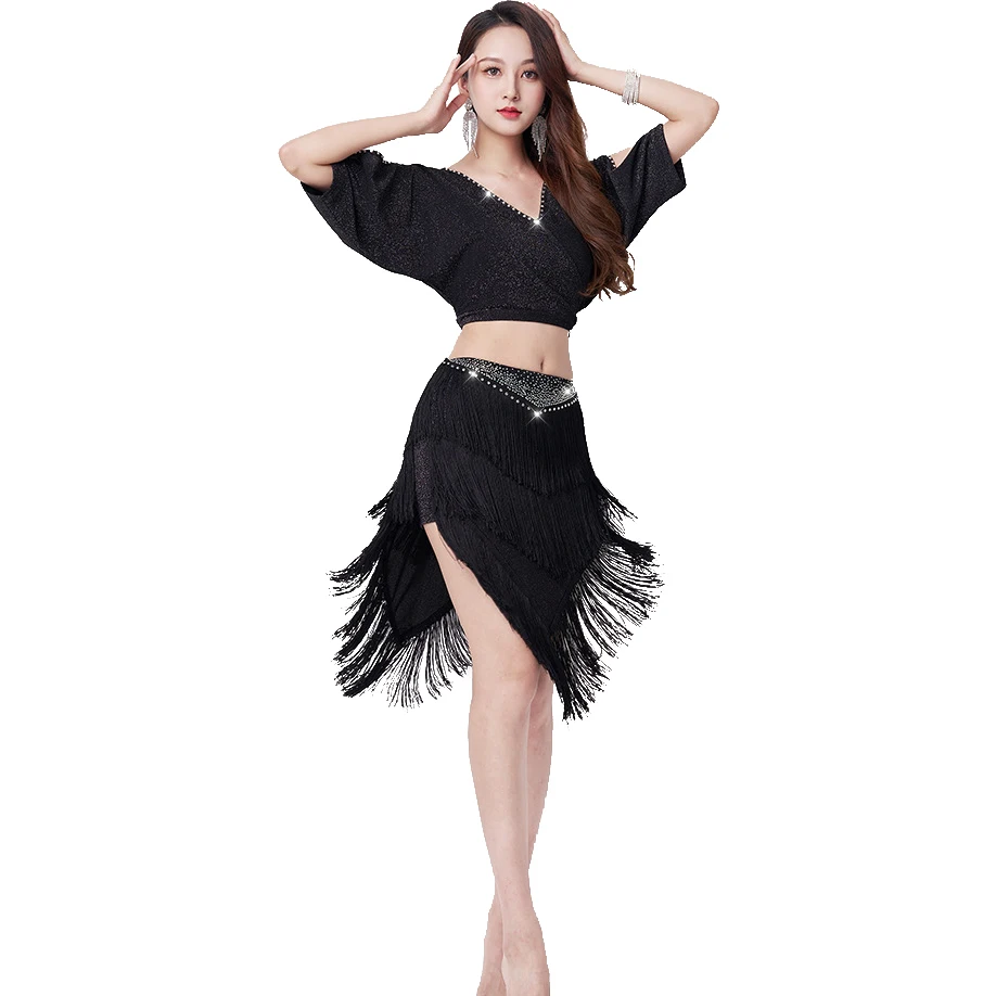 New Sexy Hollow Short sleeve top  Tassel Triangle Skirt Oriental Belly Dance Performance costumes wear