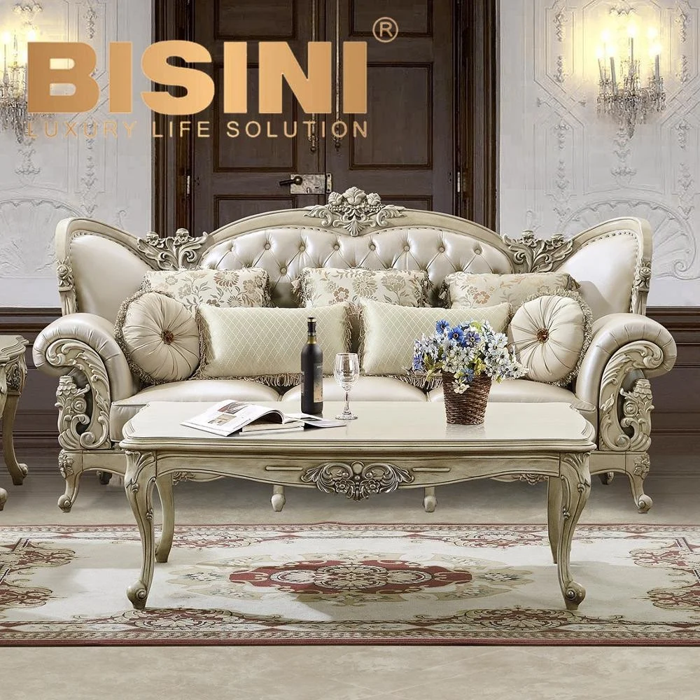 Luxury Italian Off White Wooden Carved Living Room Furniture Couch Sofa Set With Coffee Table End Table