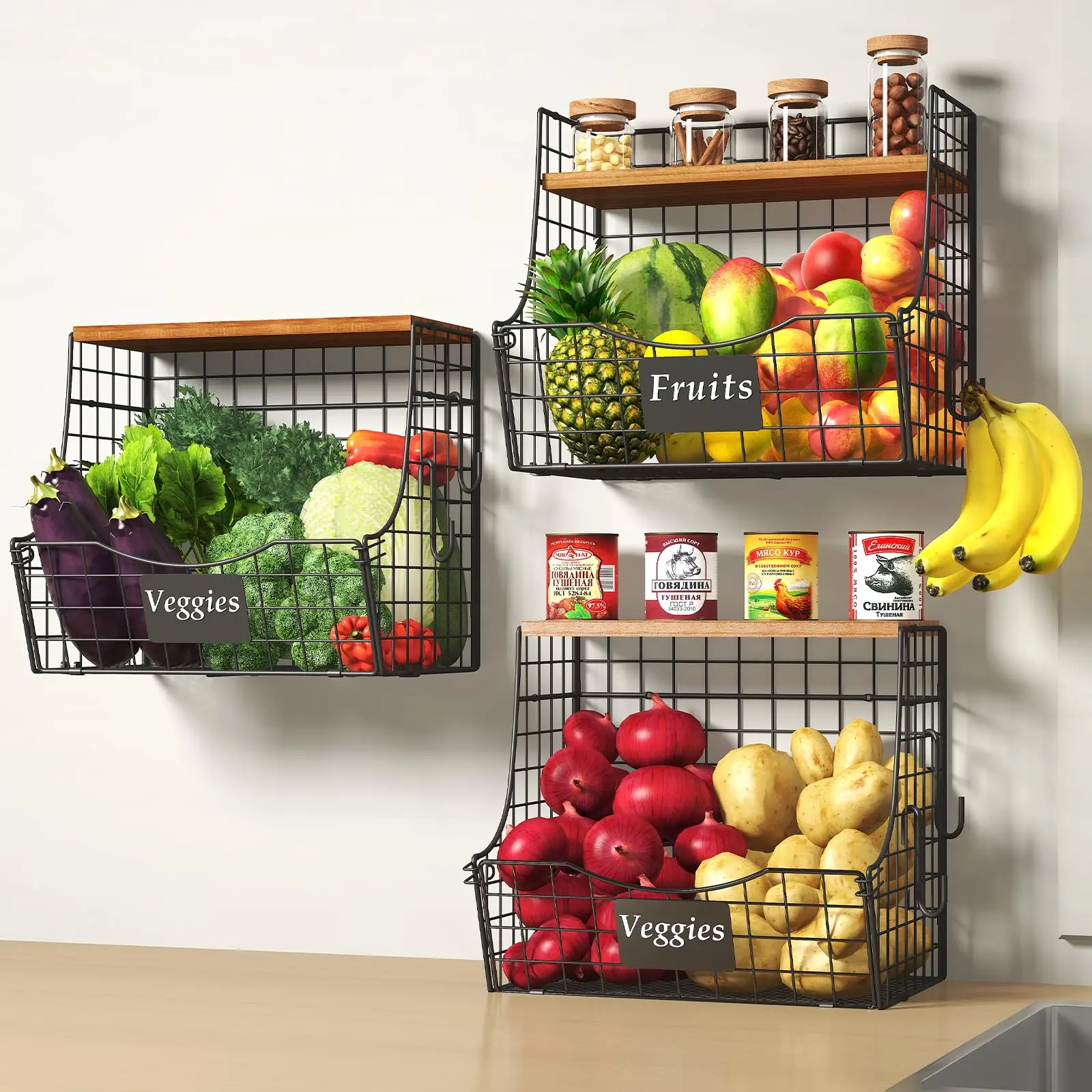 Hot sale Wall Mounted Kitchen Countertop Metal Grid Basket Wood Tray Top Hanging Wall Vegetable Fruit Basket