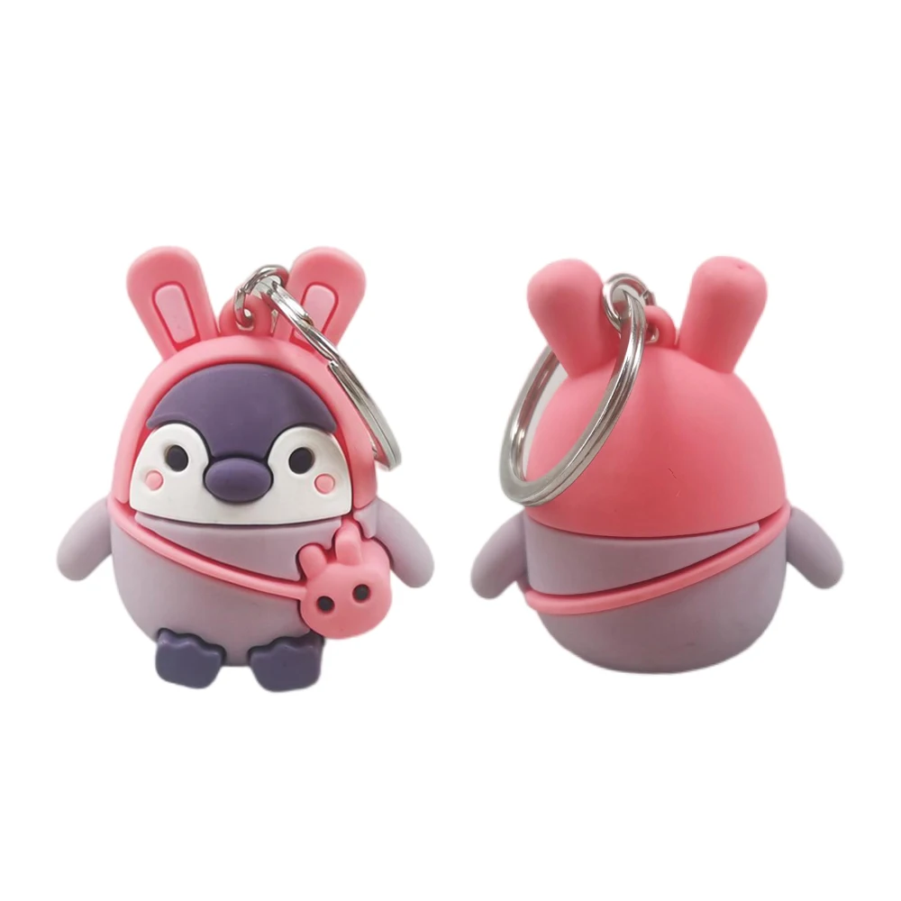 Factory Oem Purple Color Custom Design Cute 3D Pvc Penguin Keychain With Pink Hat
