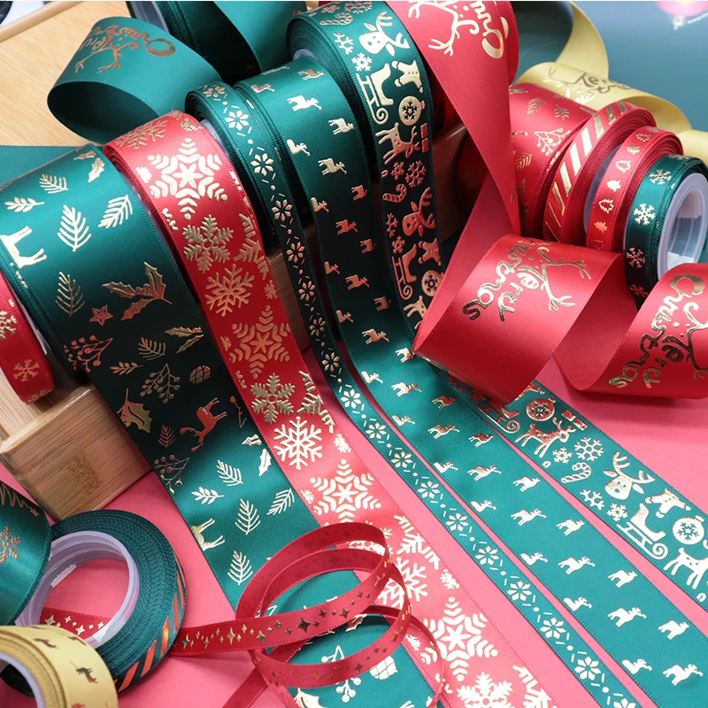 Gold foil satin Merry Christmas ribbon for gift wrapping
