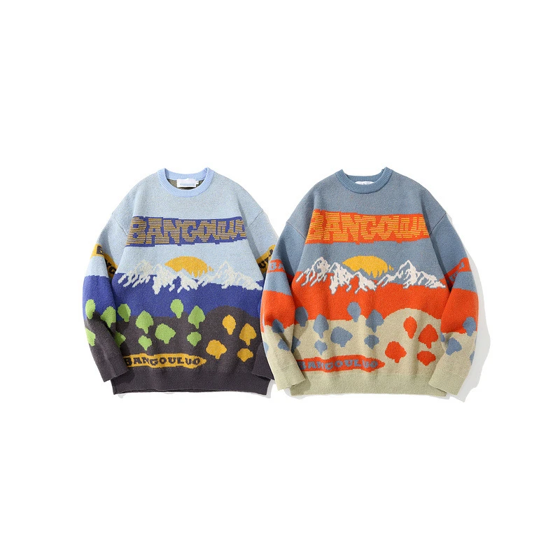 Nanteng Custom Logo Low MOQ Cotton Loose Man Jumpers Knitted Jacquard Pattern Knitwear Crewneck Men Pullover Sweater