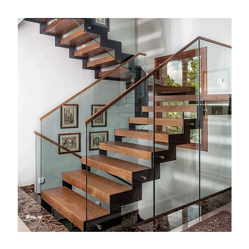 Low Price Wholesale Glass Railing Solid Wood Tread Tshaped Support Indoor Steel Staircase Floating Straight Stairs