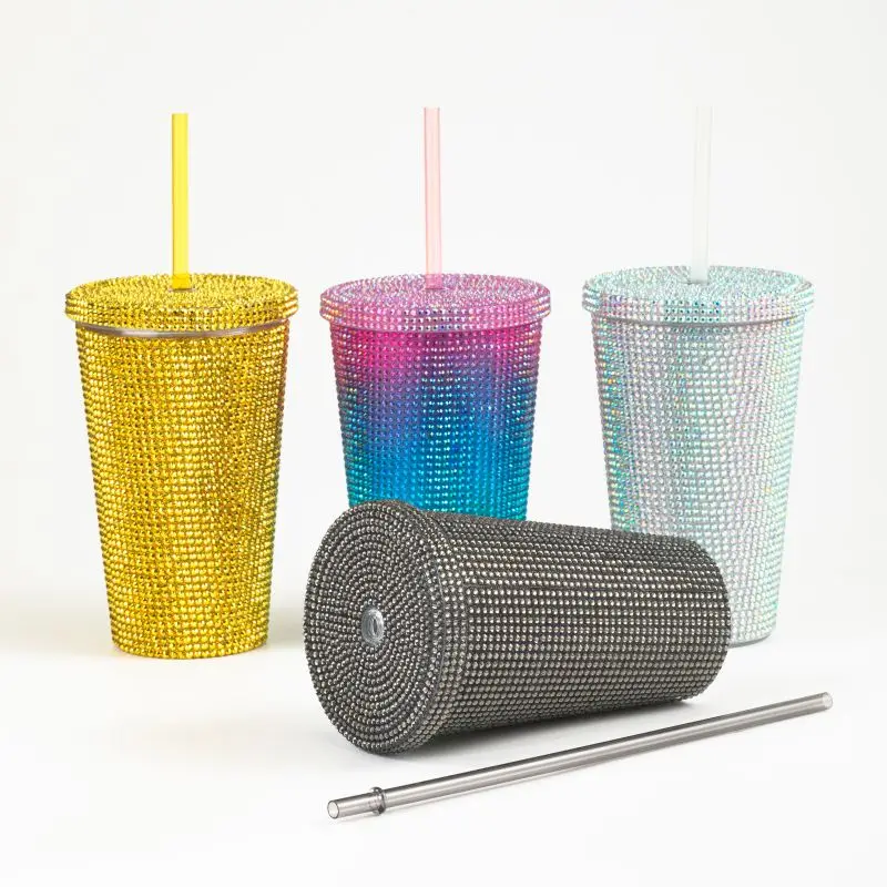 Hot sale Girls Rhinestones Tumbler Luxury Double Wall Bling Bling Diamond Straw Cup