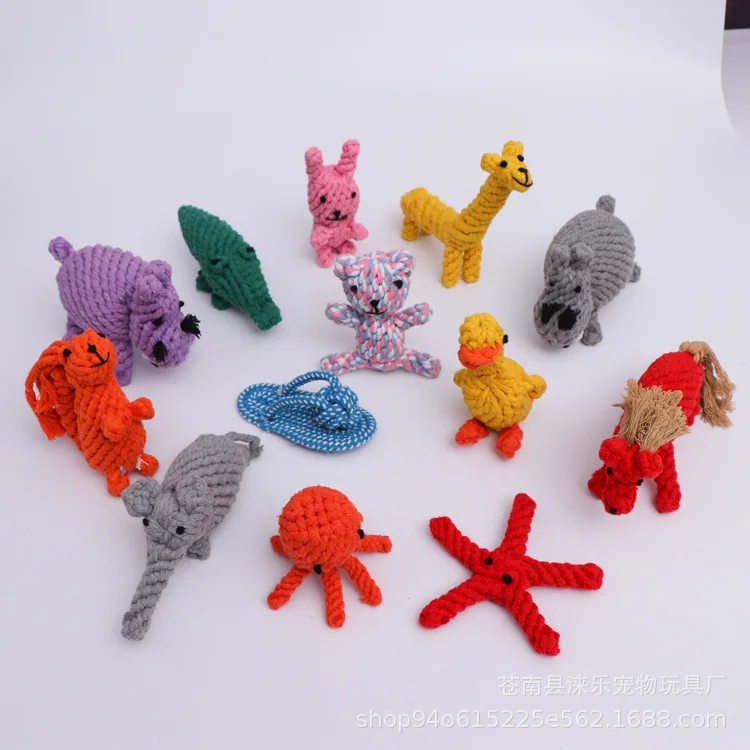 Custom Handmade Alien Cute Animal Shape Plush Soft Handmade Woven Cotton Cord Squeaky Dog Play Chewing Toy