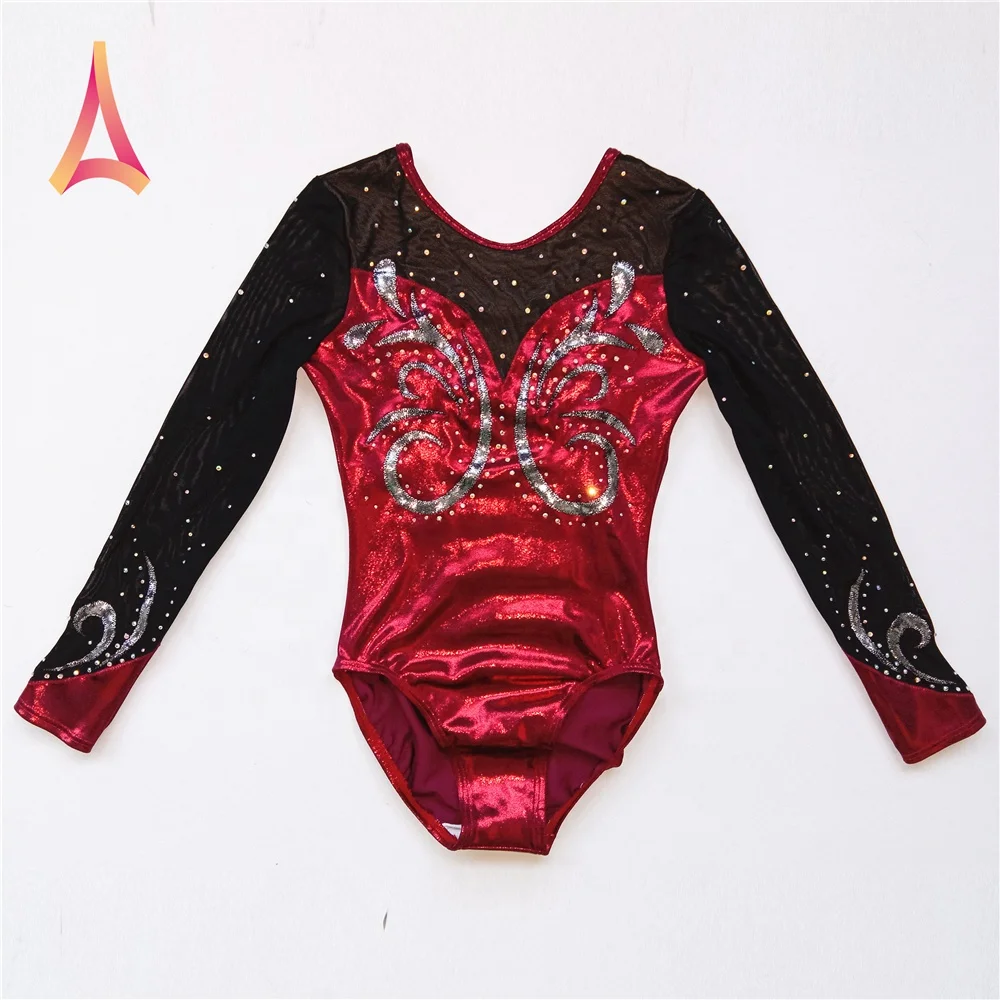 Черное Сетчатое трико для гимнастики с длинным рукавом для девочек