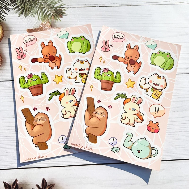 A4 A5 A6 Waterproof Vinyl Transparent Custom Kiss Cut Sticker Sheet Colorful Logo Kawaii Glitter Cartoon Kiss Cut Sticker Sheets