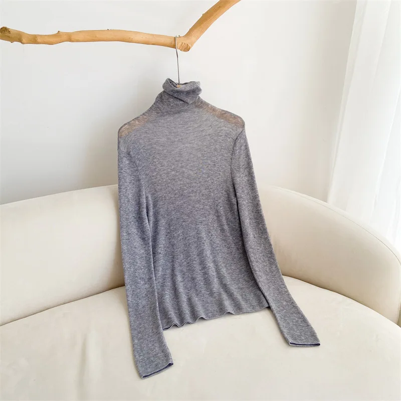 Water soluble wool base shirt sequin long sleeved pile neck knit solid color autumn winter high neck woman