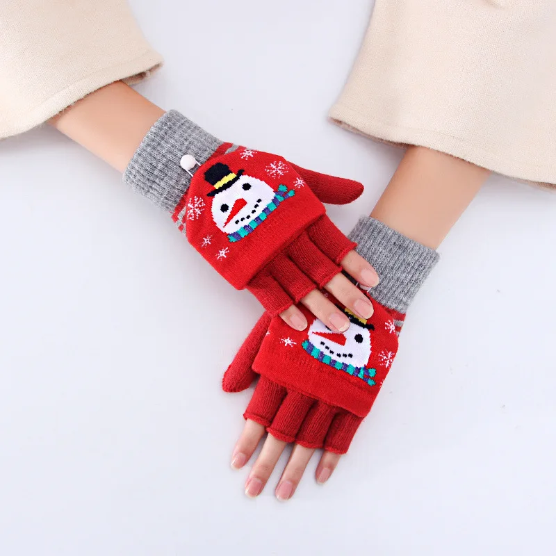 Ladies Teenager Winter Half Finger Thickened Warm Knitted Christmas Cartoon Cute Gloves