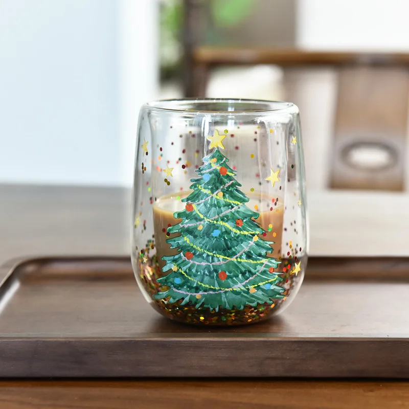 New Christmas tree cup heat-resistant and not hot double-layer cup flowing sequins cartoon Christmas tree