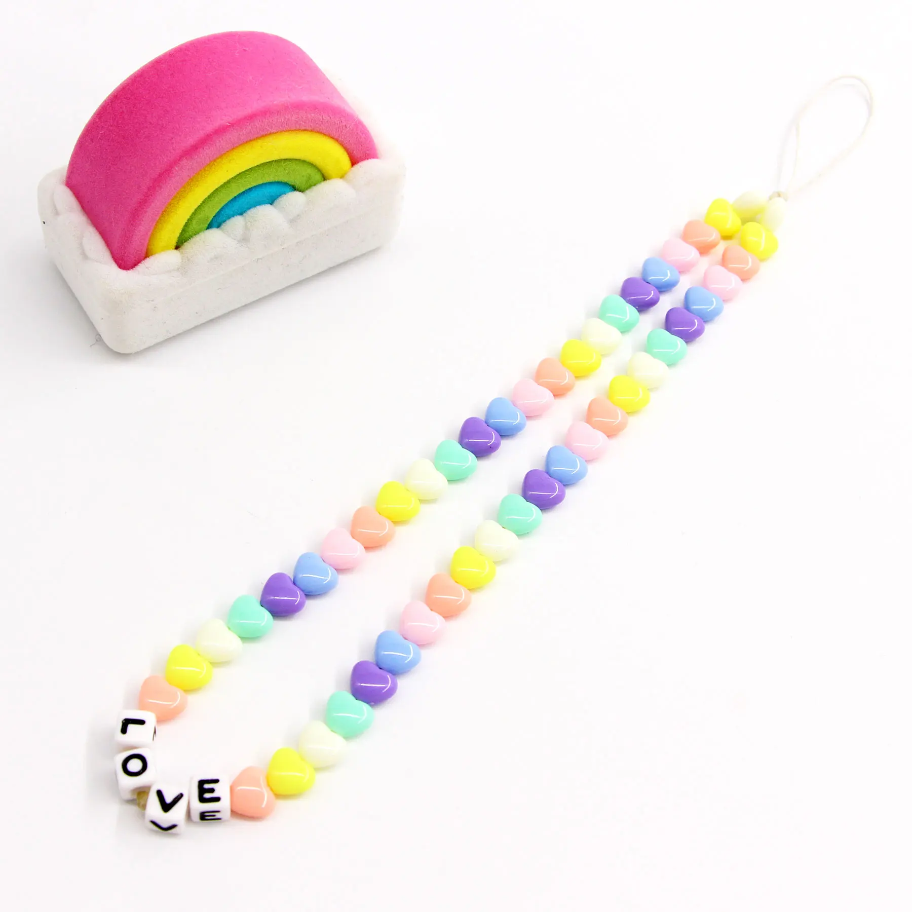 Acrylic High Quality Rainbow Cute Custom Girls Phone Chain Ladies Wallet DIY Women Holder Heart Bead Mobile Chain