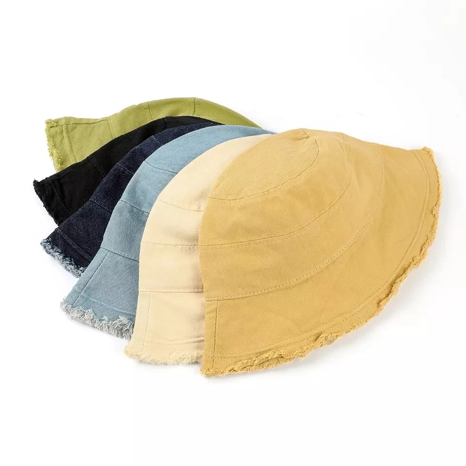 Wholesale Custom High Quality Low MOQ Vintage Distressed Wide Brim Jean Denim Fisherman Bucket cap and hat
