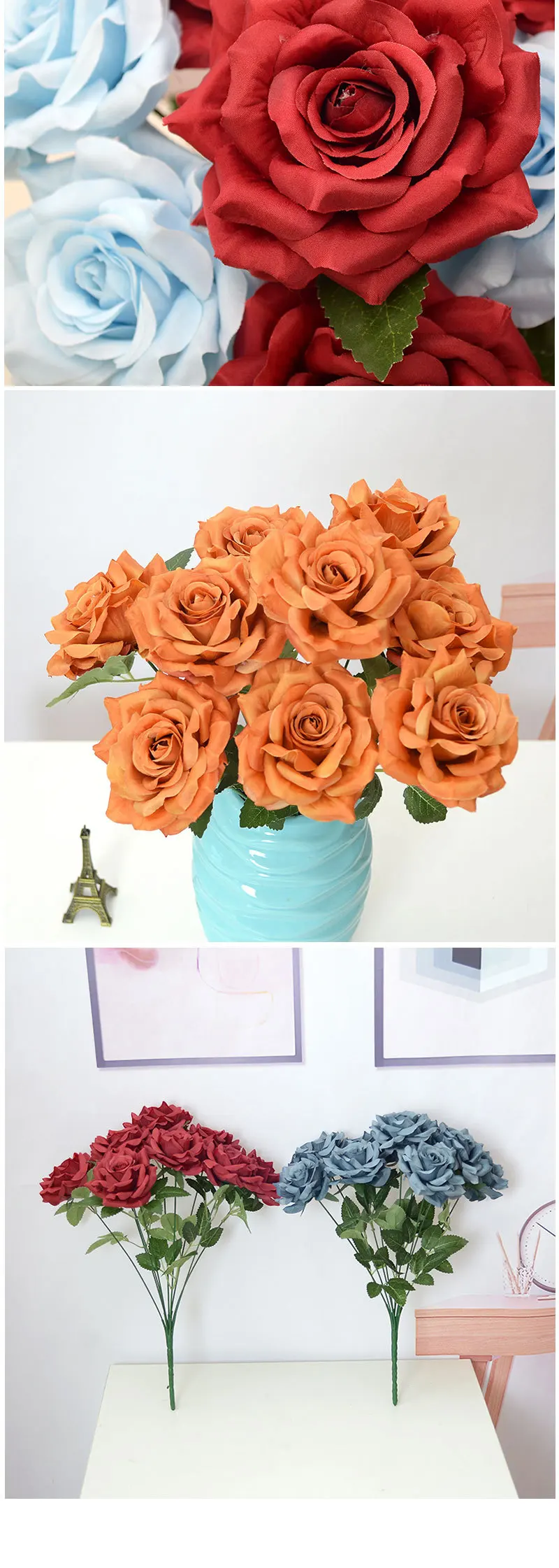 High quality 9 heads bouquet beautiful rose artificial flowers for sale
