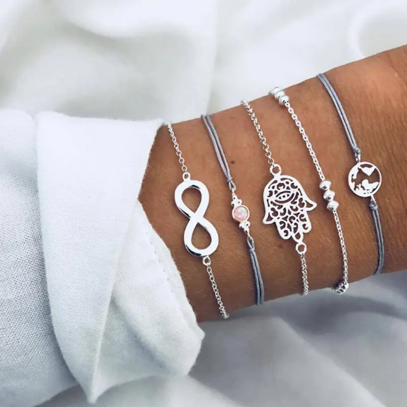 Best-selling simple cross-border figure 8 hand engraved world map combination rope woven chain silver alloy bracelet