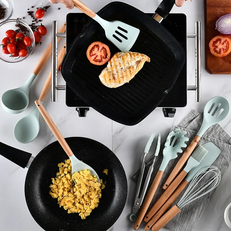 IN STOCK Silicone Wooden Kitchen Utensils Silicone Kitchen Utensils With Wooden Handle