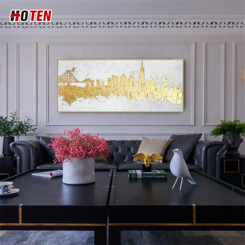 100% contemporary gold foil handmade modern wall art painting urban landscape