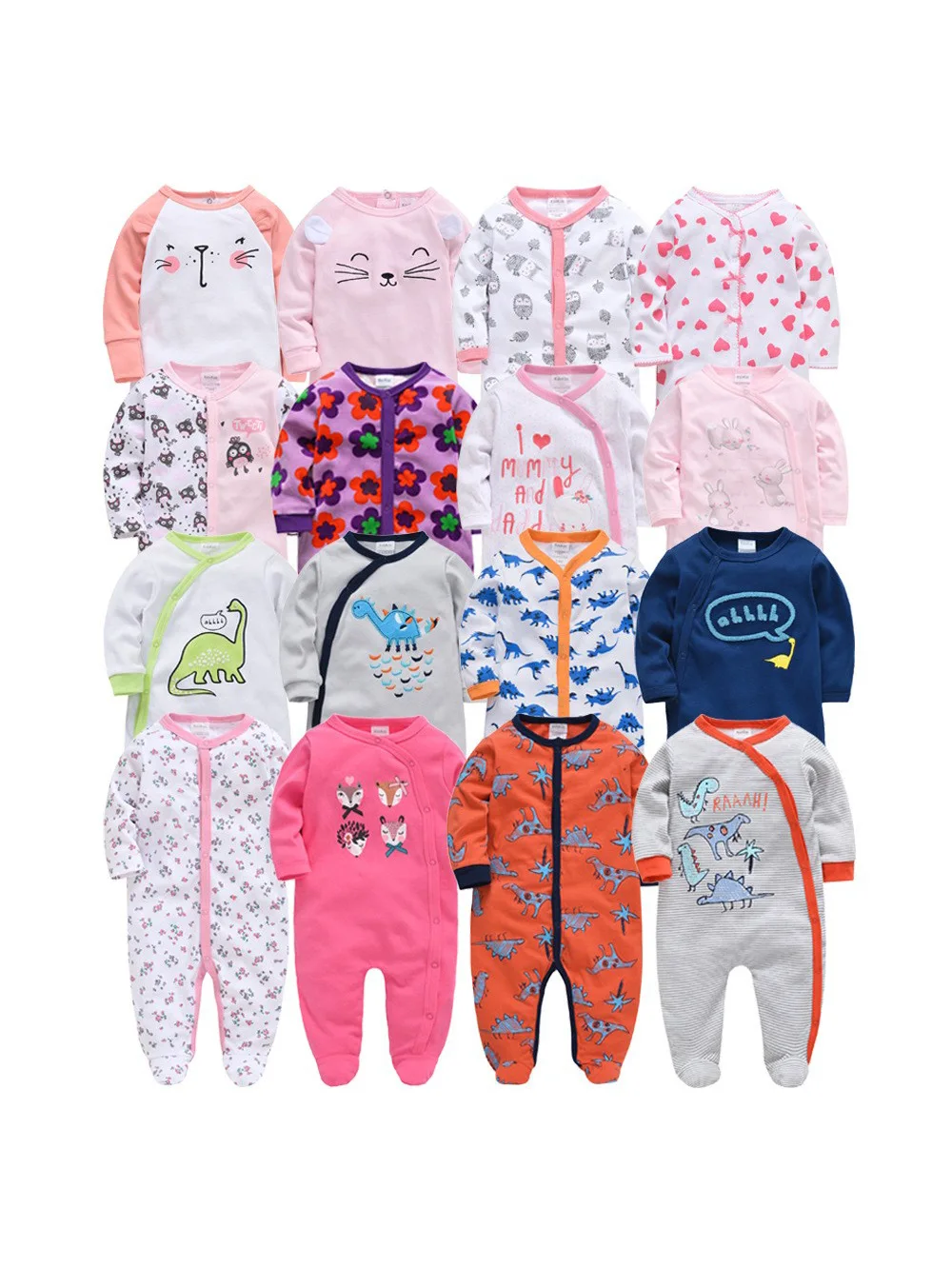 Spring Autumn Safety Grade a Cartoon Long Sleeves Snap Button Baby Romper Newborn Onesie With Feet