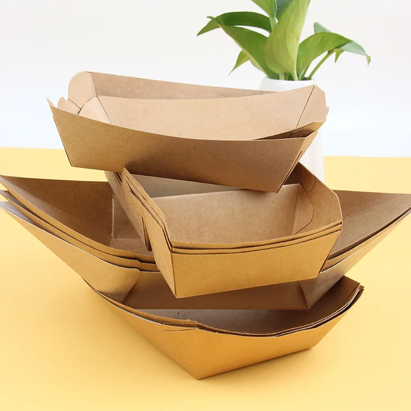 Eco-friendly Disposable Waterproof Fried Chicken Kraft Paper Boat Tray Deli Fast Packaging Paper Food Trays