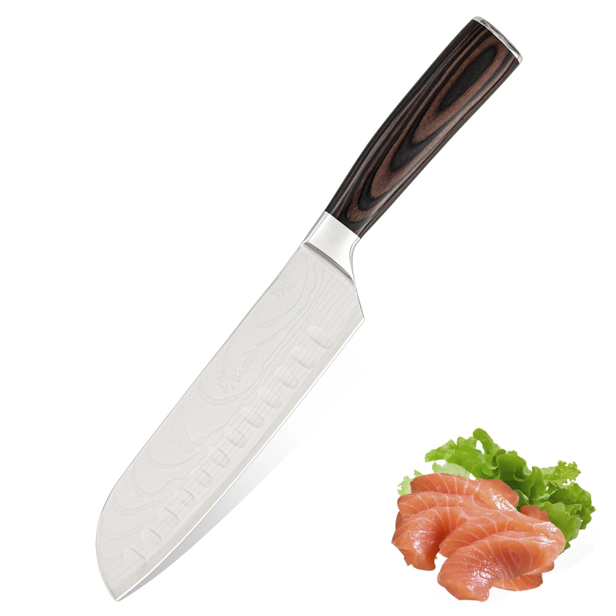 Профессиональный нож Santoku 7 дюймов японский кухонный с дамасской узором деревянной ручкой Pakka