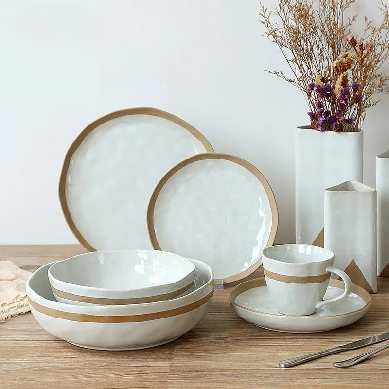 Stoneware tableware creative hand-kneaded pattern black clay tableware set ceramic bowls and plates