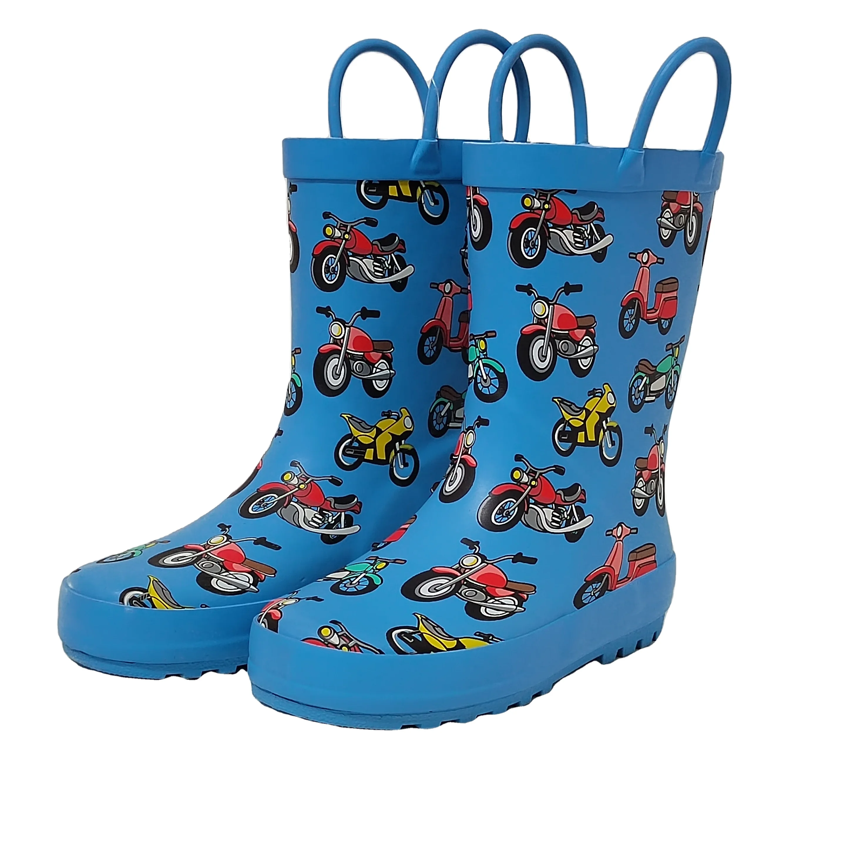 the latest design motorbike printing color lining rubber rain boots for kids