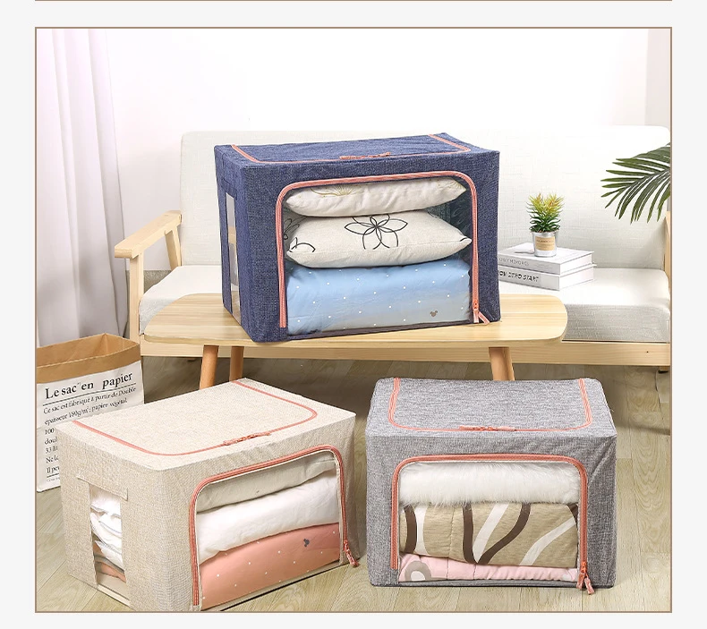KUYUE Linen Clothes Storage Bags Frame Storage Bin Boxes Foldable Clothing Organizer Fabric Collapsible Clear Window Metal 1.16