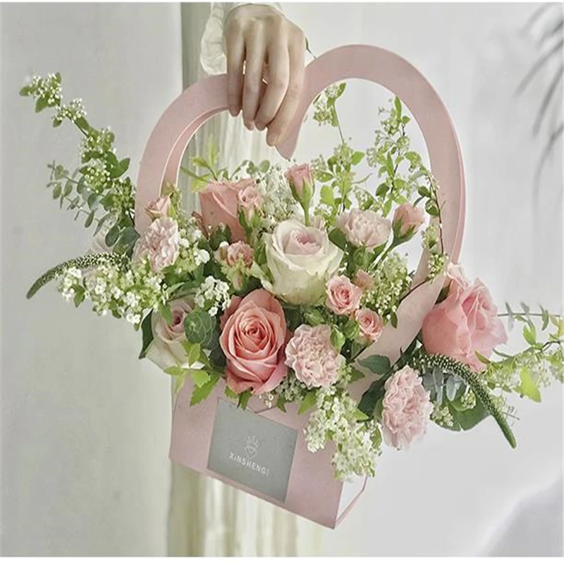 creative foldable heart shape flower packaging box florist portable carry bag