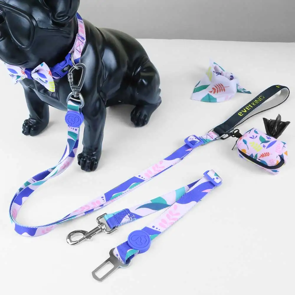 Pet Collars & Leashes & harness set in 6 pcs with seatbelt Poop bag dispenser and bowtie latest design