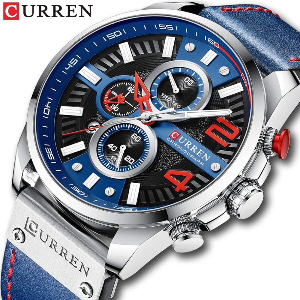 CURREN 8393 Men Casual Watch Date Chronograph 24 Hours Display Leather Strap Quartz Watch
