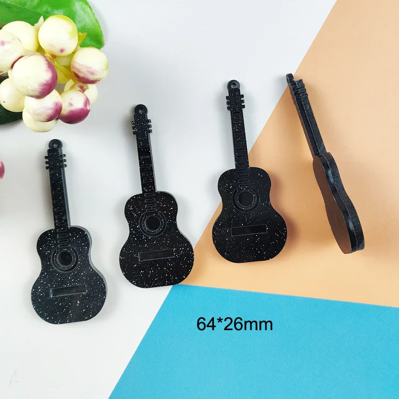 Black Glitter Guitar Acrylic Charms for DIY Keychain Musical Instruments Dangle Fit Jewelry Making Shinny Wholesale