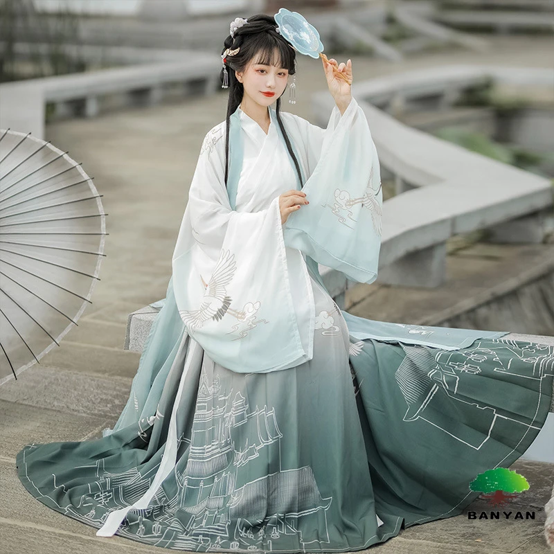 Wholesale Dark Green Women Spring Summer Chinese Jin Style Fairy Aura Original Cross Necked Hanfu Dress With Large Sleeves