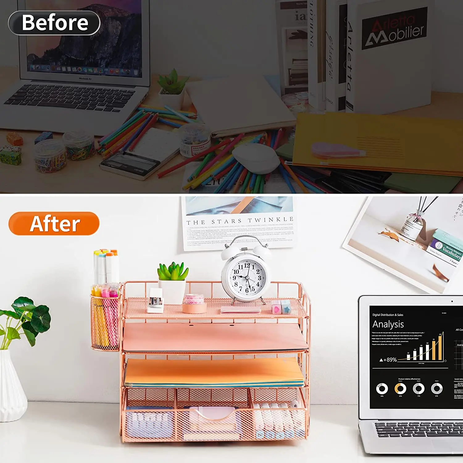 Rose Gold Desk Organizers with Drawer, 4-Trays Desktop File Organizer with Pen Holder  Paper Organizers and Storage for Desk