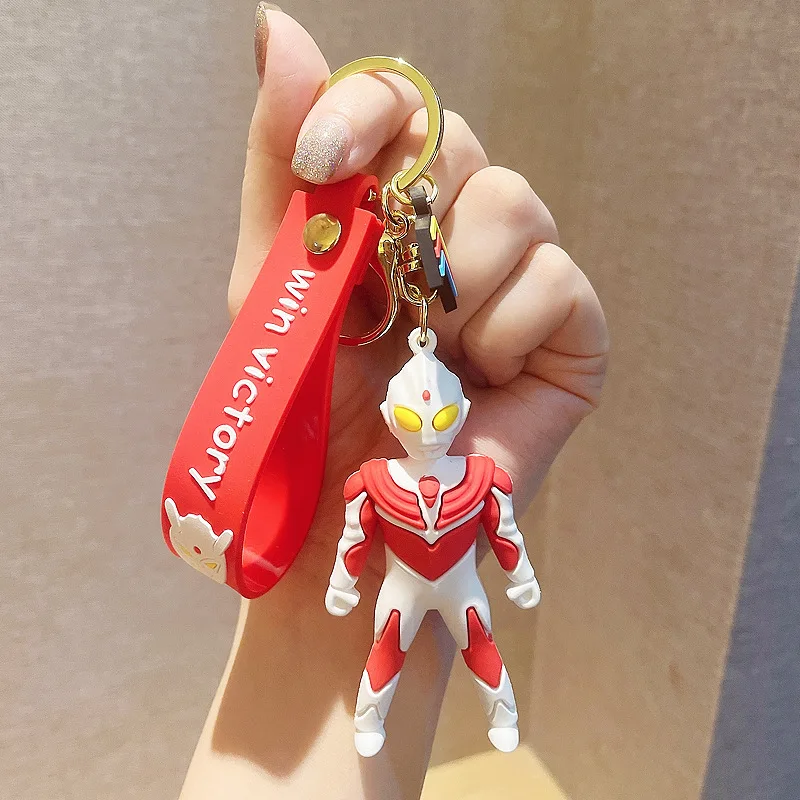 Funny 3D Cartoon Ultraman Keychains with Wrist Strap Wholesale Custom Bag Decoration Doll Pendant Keyrings Gift
