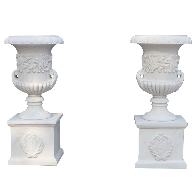 New Customization Garden decoration natural Unique design white Hand carved marble urns