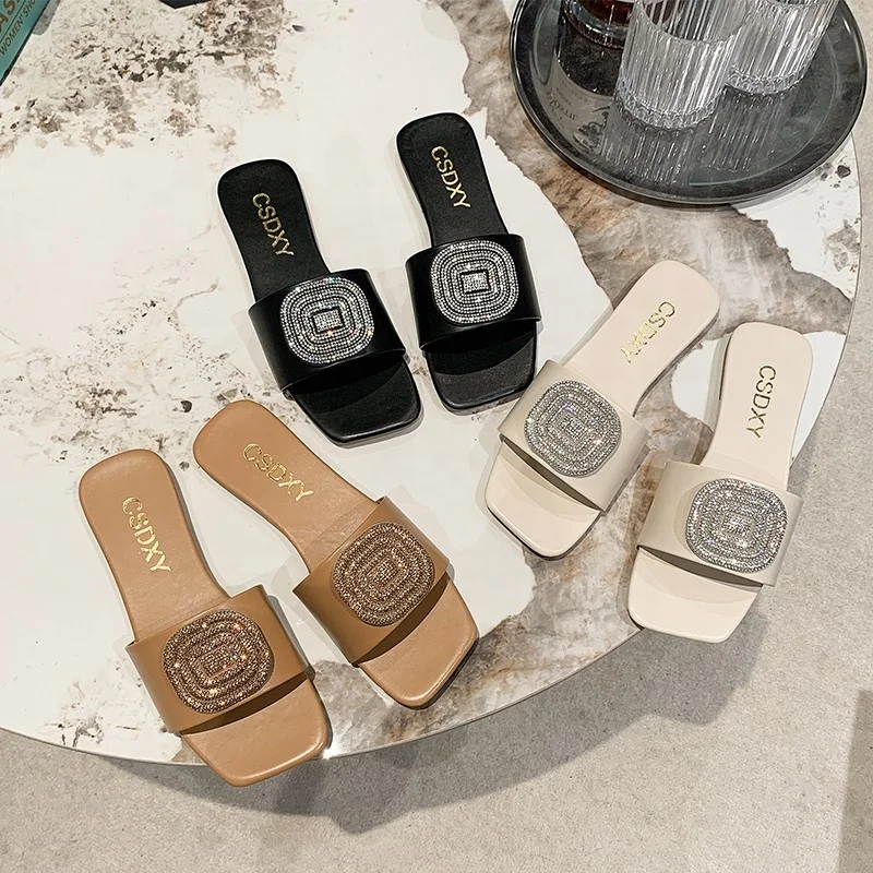 Foreign trade large size cross-border fashion square rhinestone slippers 2024 spring and summer cool outdoor beach slippers