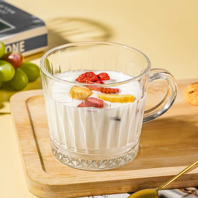 Haitang Flower Glass Ins Style Retro Coffee Cup Bead Stripe Breakfast Oatmeal Milk Cup