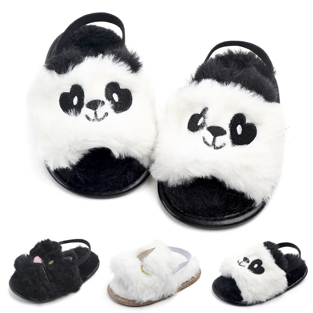 Drop Shipping Luxury Designer Logo Close Toe Fluffy Furry Plush House Slippers Baby Fur Bedroom Panda Cat Slippers