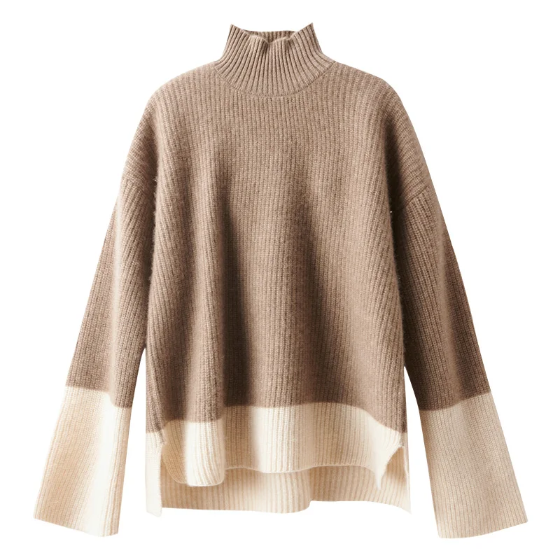 2021 new style fashion wide-sleeved mid-high neck loose and thick ladies cashmere wool Ingot hem ladies knitted sweater
