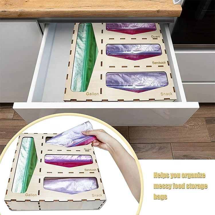 Laser ziplock bag organizer Poly wood storage Holder kitchen for