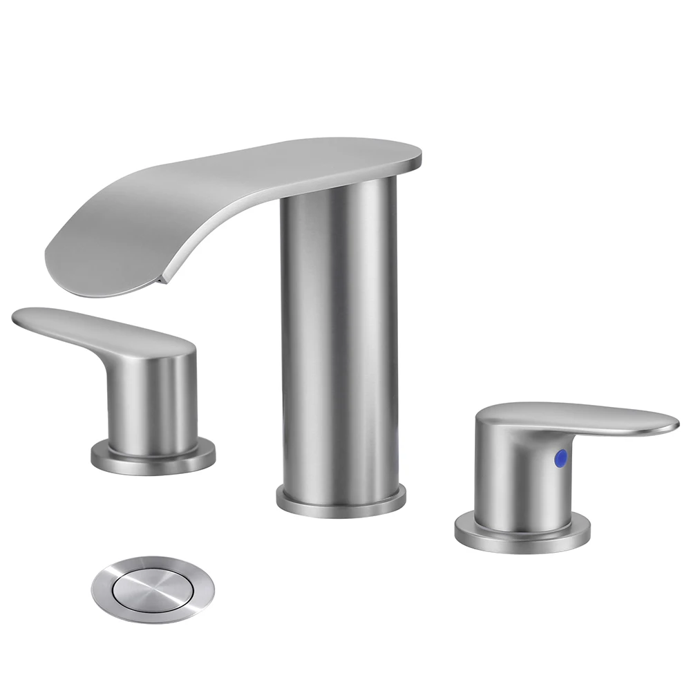 Brush Nickel Waterfall Faucet Tap Stainless Steel 3 Holes 8 inch Widespread Basin Faucet