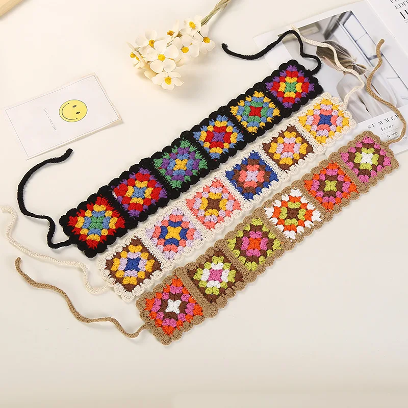 Hot Sale Wide Stretch Handmade Hair Elastic Band Color Knitted Headband Crochet Hair Bands For Women Flower Hair Accessories