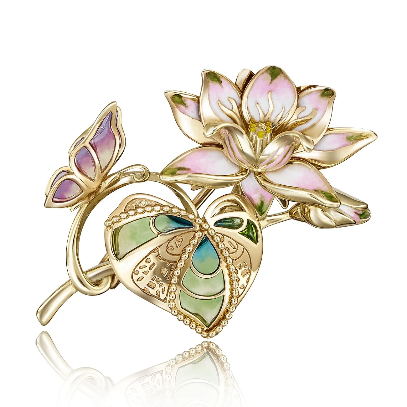 Brooch 14K Solid Rose Yellow White Gold Garnet Cubic Zirconia White Topaz Cultured Pearl Enamel