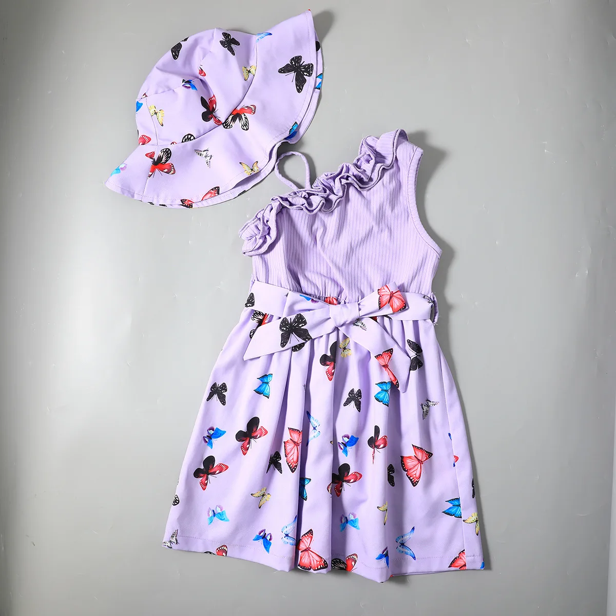 2024 Stock New Design Children Clothes Summer Kids Printed Floral Long Baby Girls Dress with Sun Hat