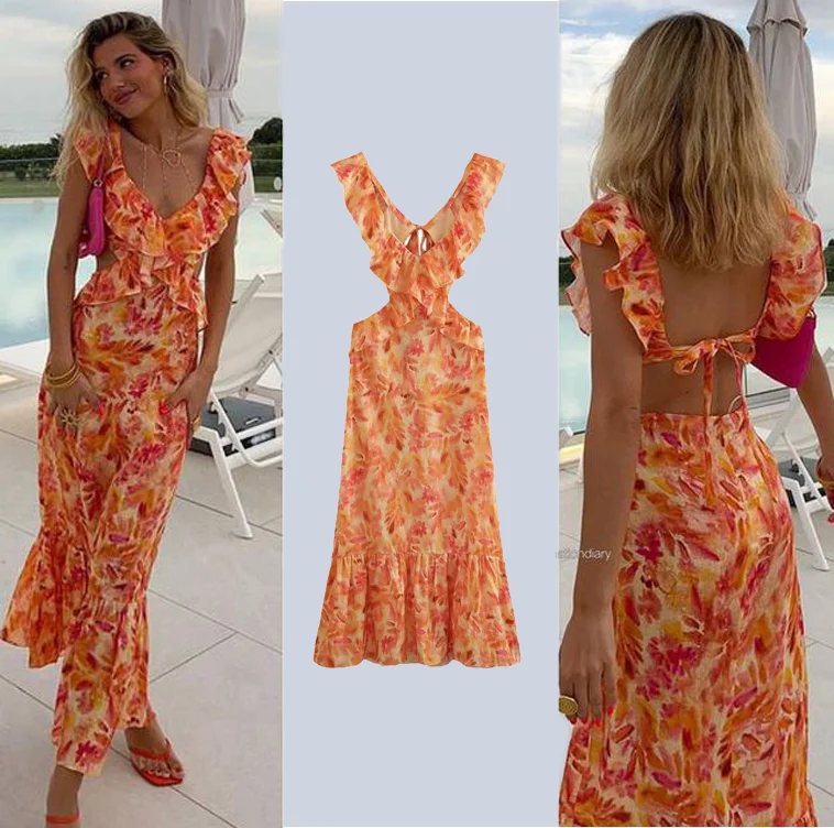 High Quality Fabric Women Summer Dress Girls Sexy Flower Ruffle Sleeveless Long Maxi Dresses