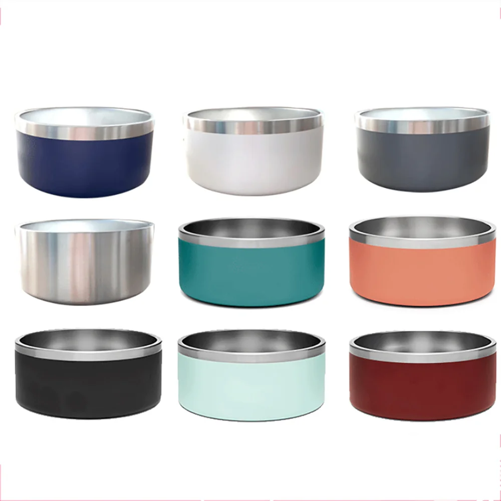 Double wall stainless steel   dog bowl   powder coated  pet bowl  with Non-slip rubber Customized logo   32oz 64oz