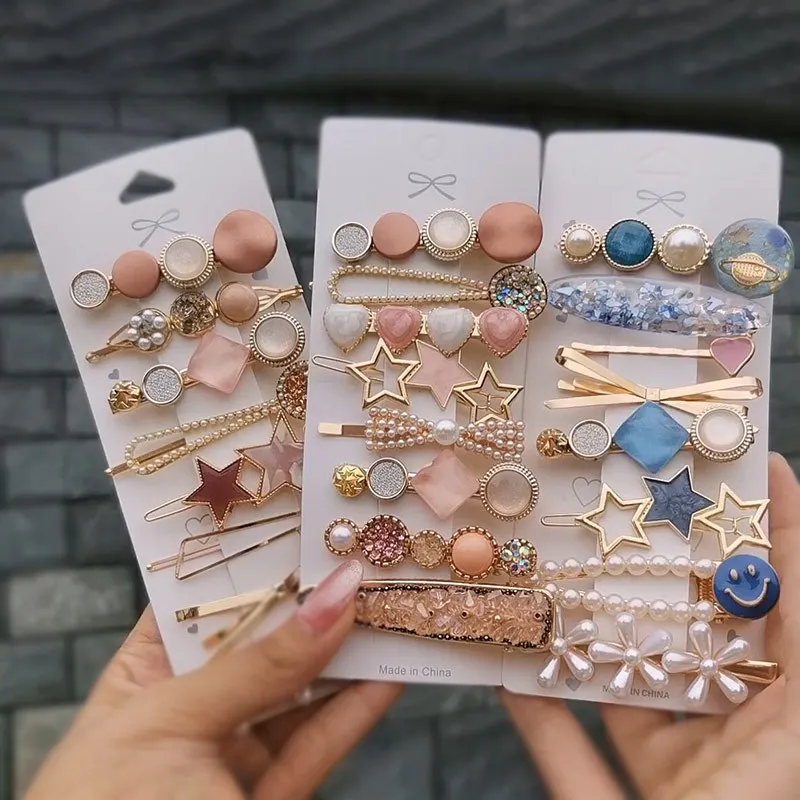 2021 Wholesale Various Styles Korean Fashion Hair Accessories Pearls Heart Hair Clips Cristal Hairpins Set