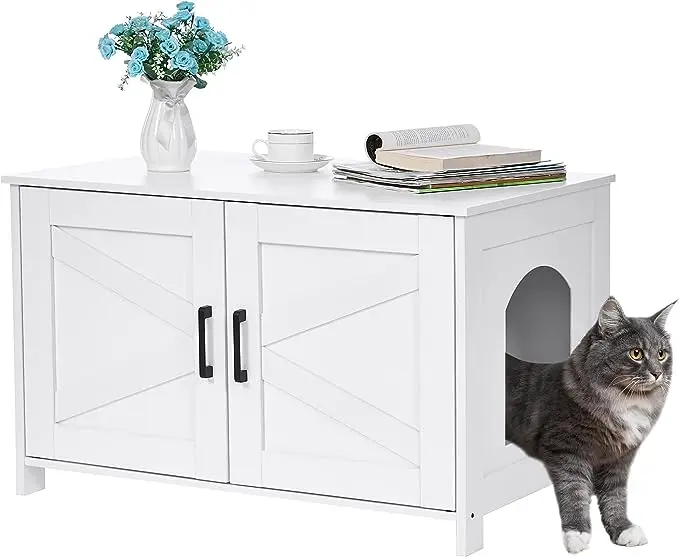 Wooden Cat Litter Box Enclosure with Barn Door - Hidden Furniture for Most Litter Boxes, Cat House in White Finish