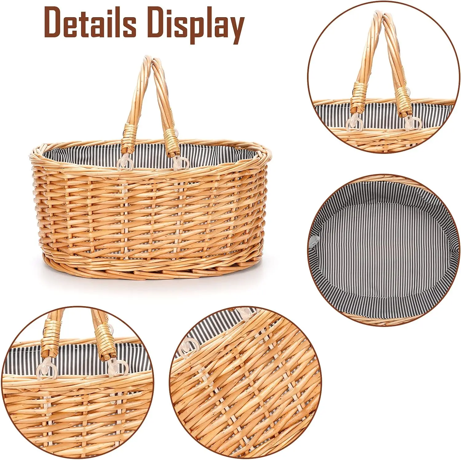 Yulin Jiafu Wicker Picnic Basket with Double Folding Handles, Small Natural Willow Hamper Empty Basket