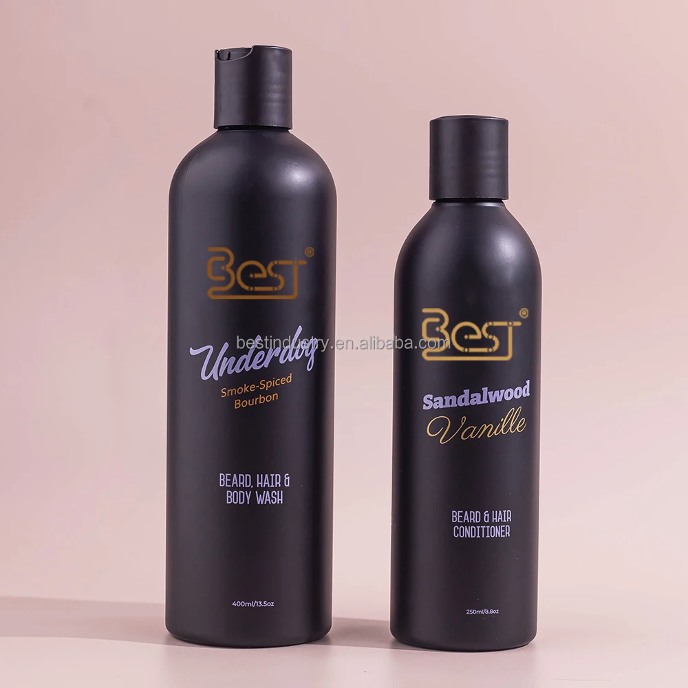High Quality Injection Molding Black Skincare Body Lotion Shampoo 250ml Sand Blast Plastic Liquid Bottle with Disc Cap